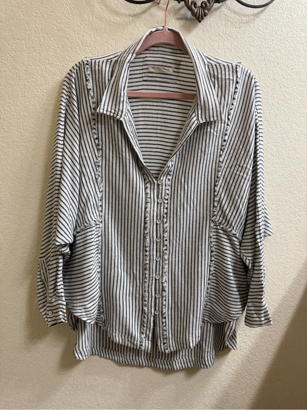 We The Free Striped Button-Down Shirt w/ Dolman Sleeves in Cream and Black